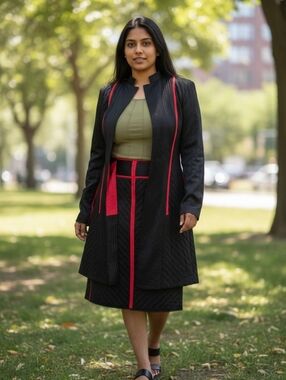 DKNY Black & Red Longline Women's Coat And Skirt - Tailored Open Front 100% Silk